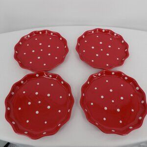 Lot of 4 Temp-tations Ovenware Red Polka Dot Dessert Pie Fluted Plate 8" Box